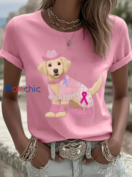 T shirt imprimé pour femmes Patchwork Dog Art Cancer du sein Rose / S