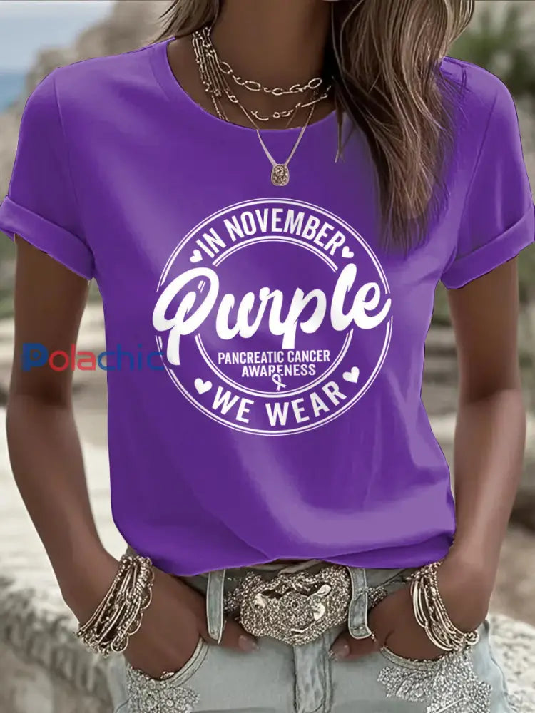T shirt imprimé sensibilisation au cancer du pancréas pour femmes pourpre / S