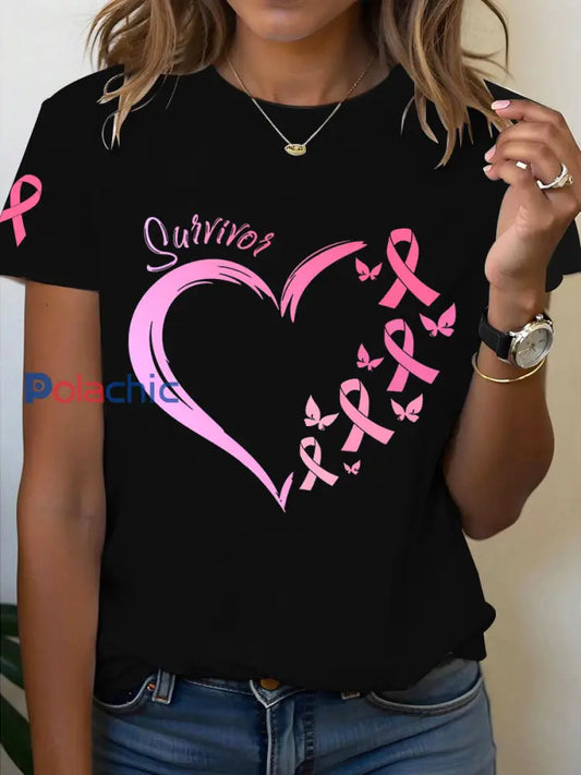 T-shirt imprimé Survivor sensibilisation au cancer du sein pour femmes Noir / S