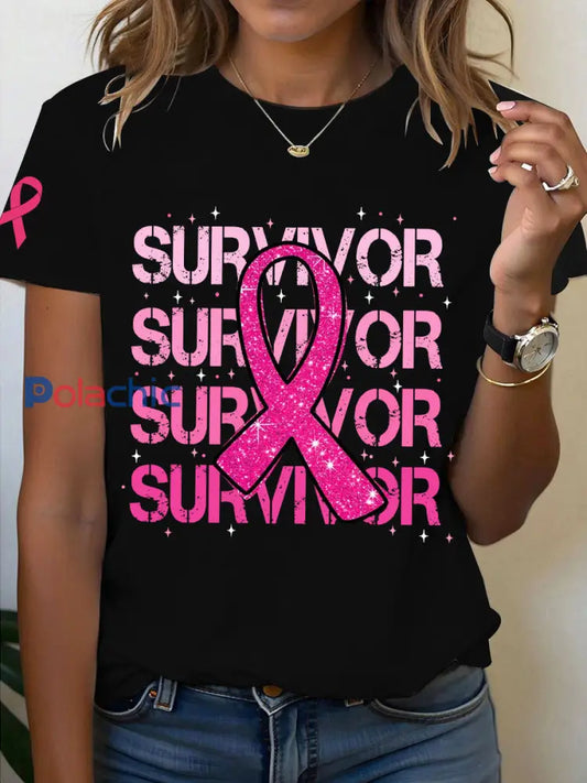 T-shirt imprimé Survivor sensibilisation au cancer du sein pour femmes Noir / S