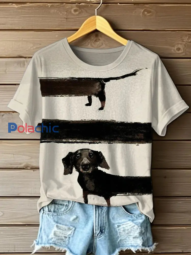 T-shirt imprimé teckel peinture à l’huile pour femme comme image / S