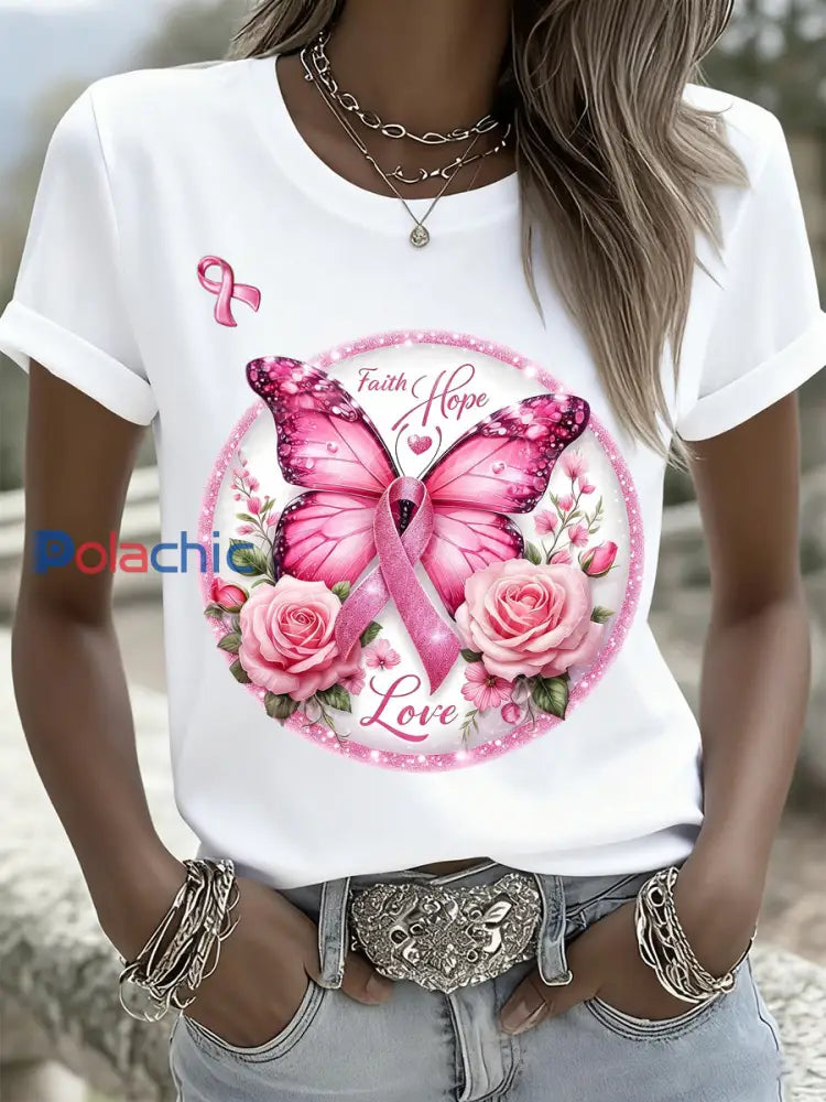 T-shirt mémorial décontracté pour femmes avec impression d’art du cancer du sein A / S