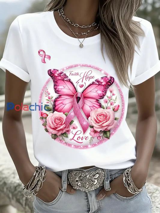 T-shirt mémorial décontracté pour femmes avec impression d’art du cancer du sein A / S