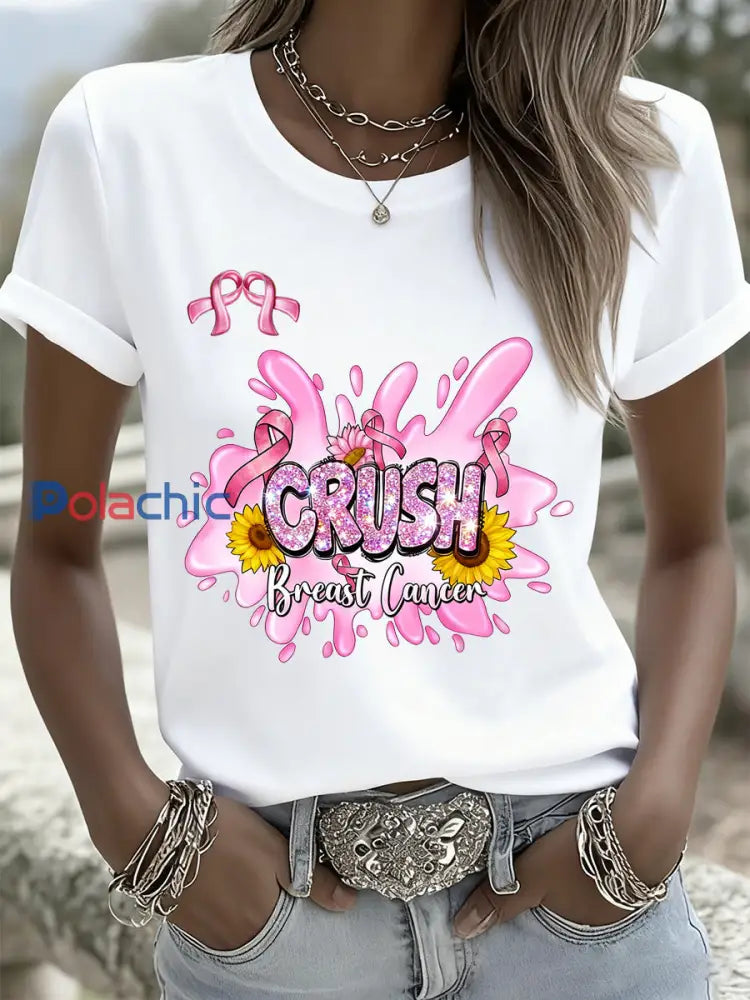 T-shirt mémorial décontracté pour femmes avec impression d’art du cancer du sein A / S