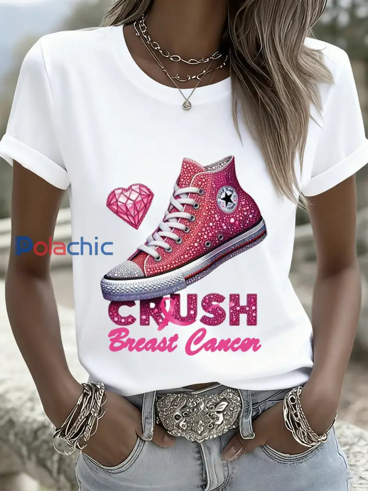 T-shirt mémorial décontracté pour femmes avec impression d’art du cancer du sein A / S