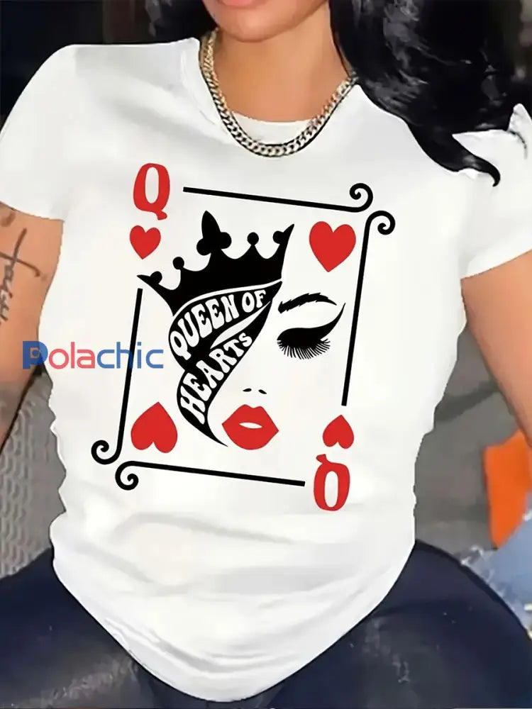 T-shirt Queen of Hearts à imprimé couronne pour femmes Blanc / S