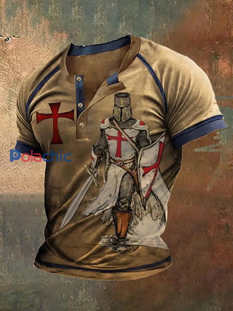 T-shirt rétro contraste couleur Knight Faith Henley Neck pour hommes Marron / S