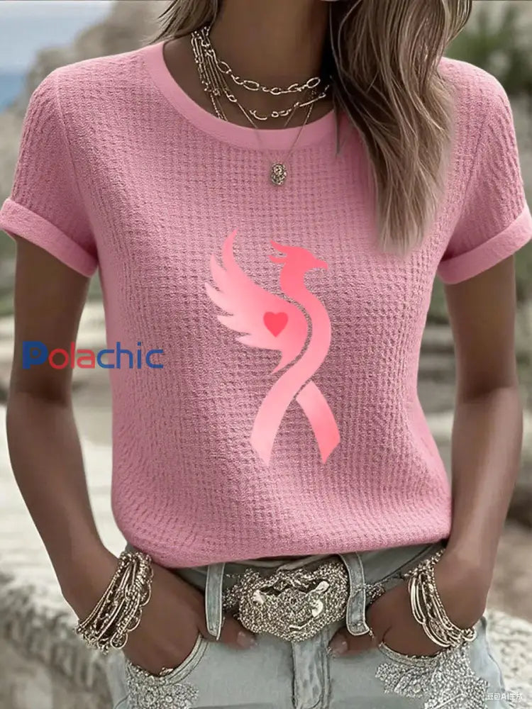 T shirt rose à col en V Phoenix pour femme sensibilisation au cancer du sein Rose / S