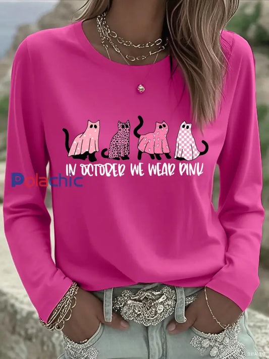 T-shirt rose à manches longues pour femme In october We Wear Breast Cancer Awareness Rose Rouge / S