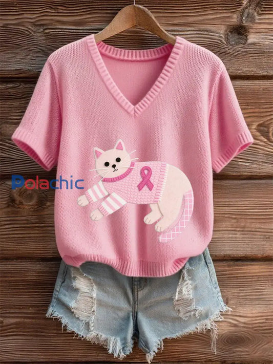 T shirt rose chaton de sensibilisation au cancer du sein pour femme Rose / S