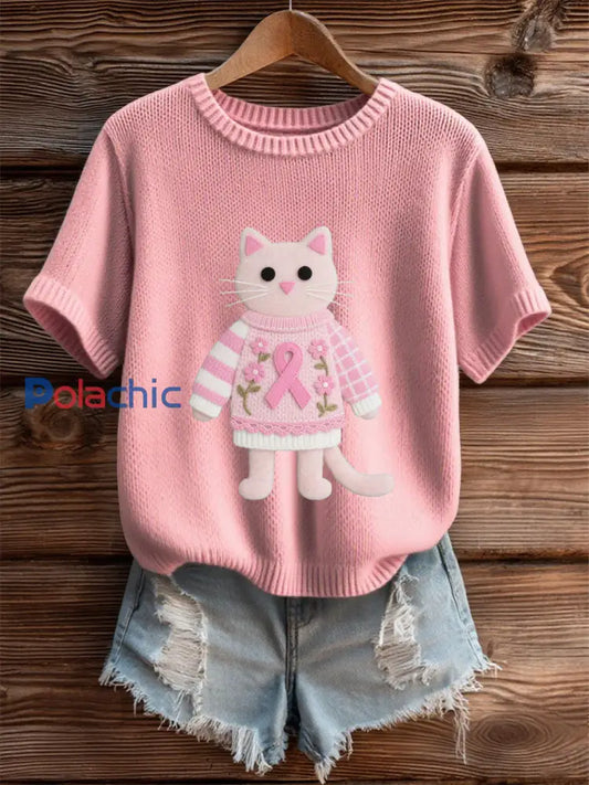 T shirt rose chaton de sensibilisation au cancer du sein pour femme Rose / S