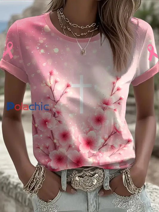 T shirt rose de sensibilisation au cancer du sein Cross Cherry Blossom pour femme comme image / S
