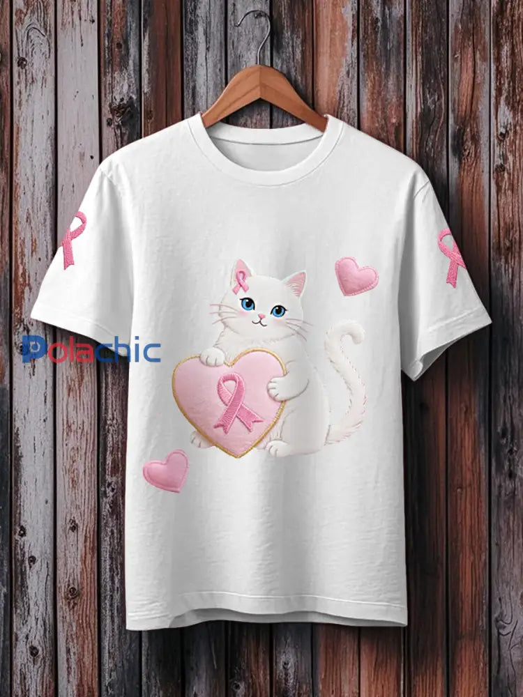 T shirt rose de soutien de conscience de cancer du sein de ruban de chat rose des femmes Blanc / S