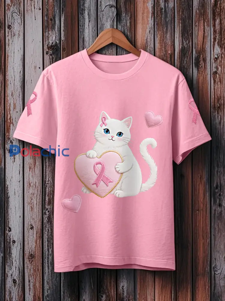 T shirt rose de soutien de conscience de cancer du sein de ruban de chat rose des femmes Rose / S