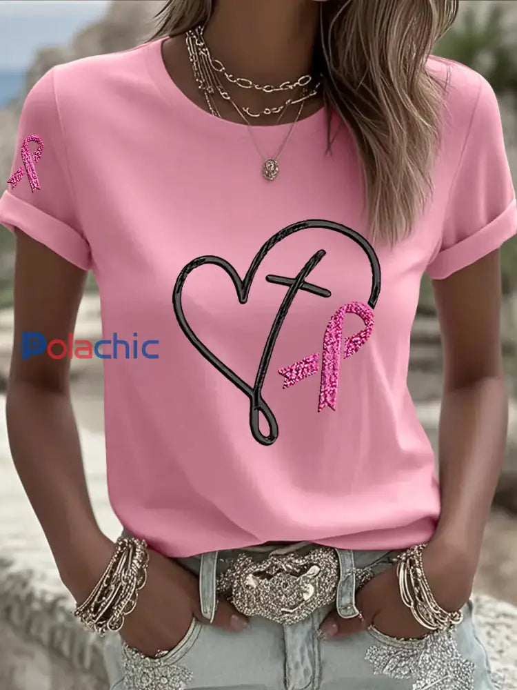T shirt rose imprimé de ruban de sensibilisation au cancer du sein pour femmes Rose / S
