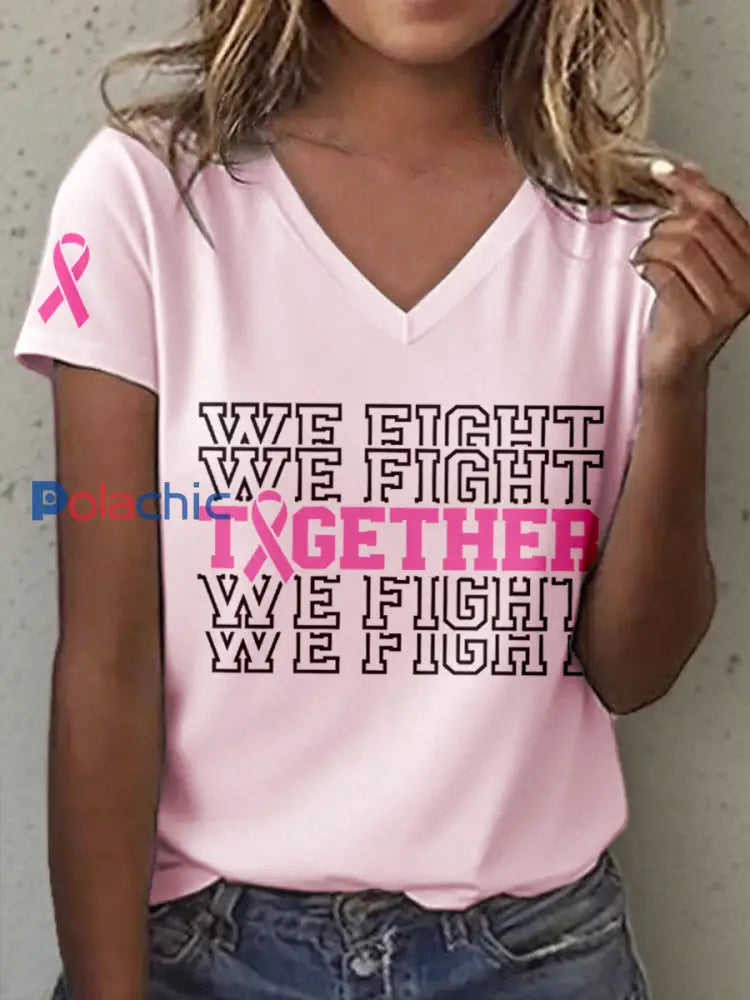 T-shirt We Fight Together rose à imprimé ruban Cancer pour femme Rose clair / S