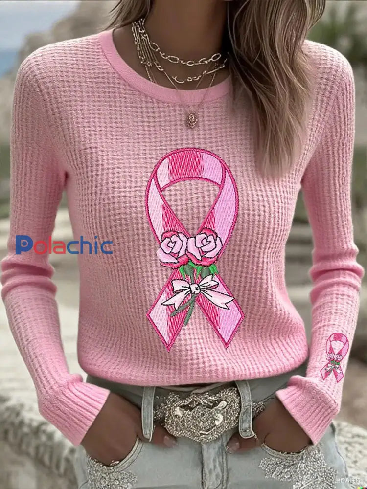 T shirts à manches longues Rose Waffle Breast Cancer Femme Rose / S