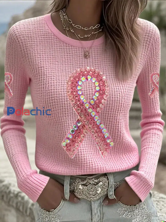 T shirts à manches longues Rose Waffle Breast Cancer Femme Rose / S