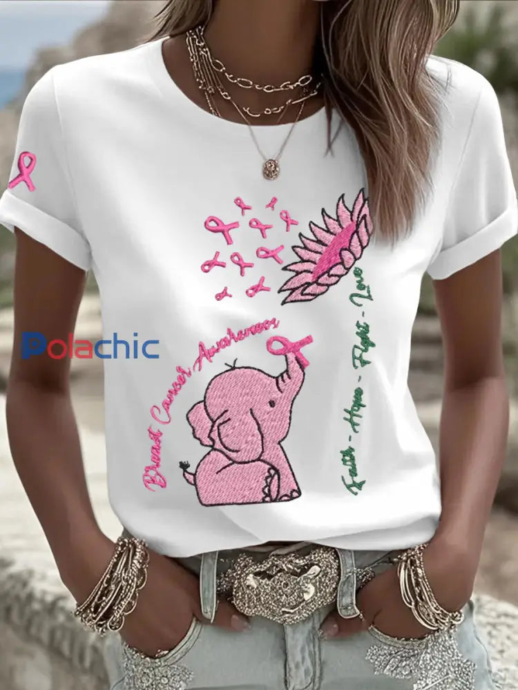 T shirts Breast Cancer Elephant Sunflower pour femmes blanc / S