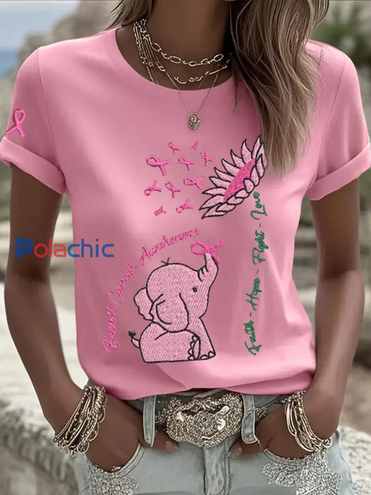 T shirts Breast Cancer Elephant Sunflower pour femmes rose / S