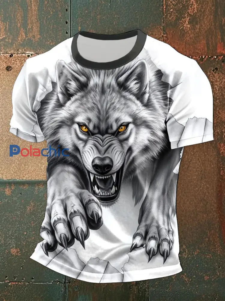 T-shirts décontractés à imprimé loup pour hommes comme image / S