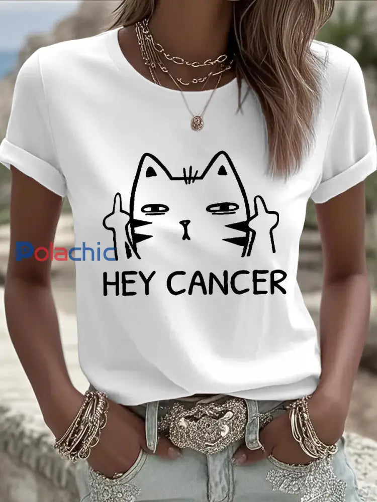T shirts Hey Cancer F U Cat pour femmes blanc / S