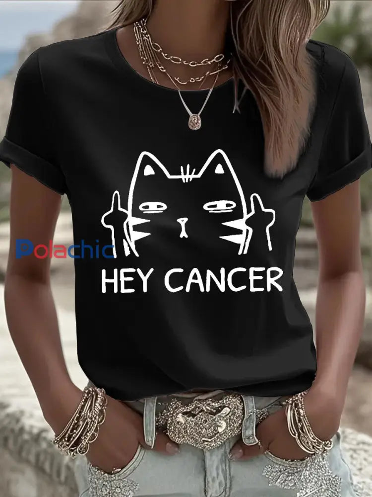 T shirts Hey Cancer F U Cat pour femmes noir / S