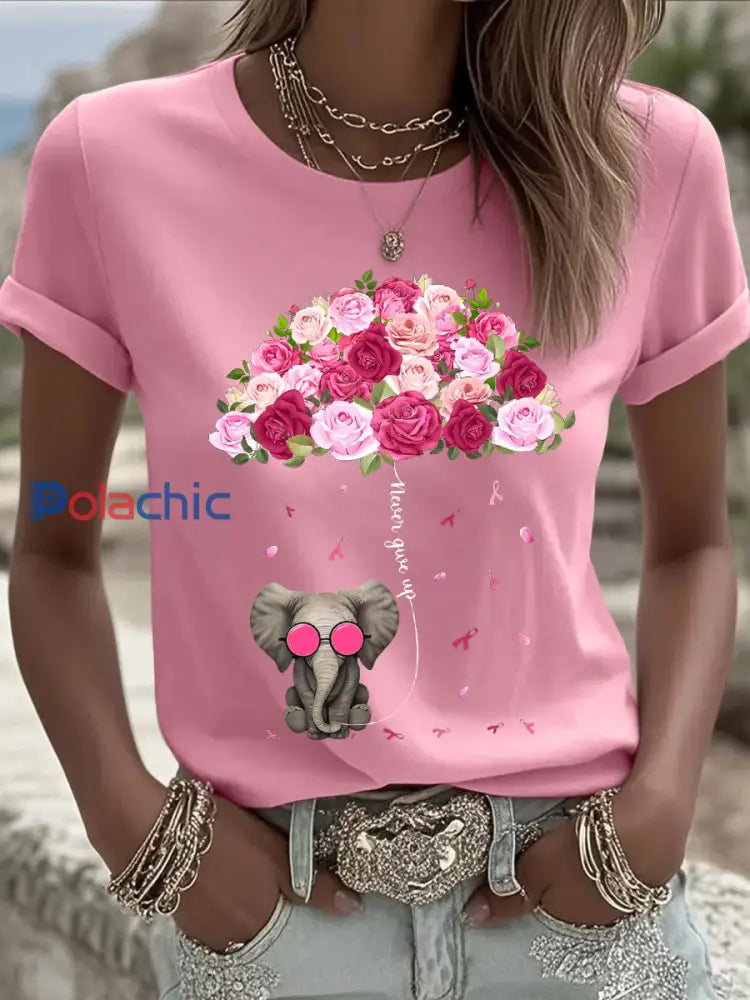T shirts Parapluie Éléphant Cancer Du Sein Pour Femmes rose / S