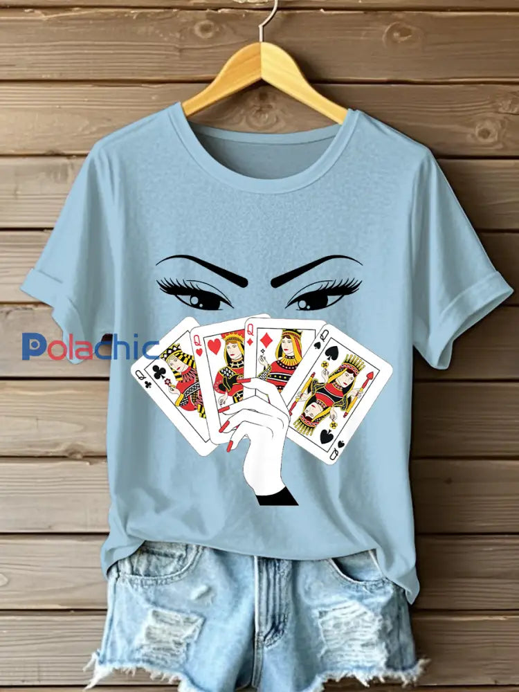 T-shirts Playing Card Slam Queen pour femmes Bleu Ciel / S