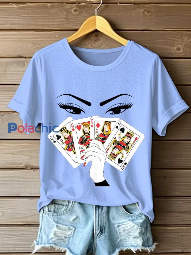 T-shirts Playing Card Slam Queen pour femmes Bleu Clair / S