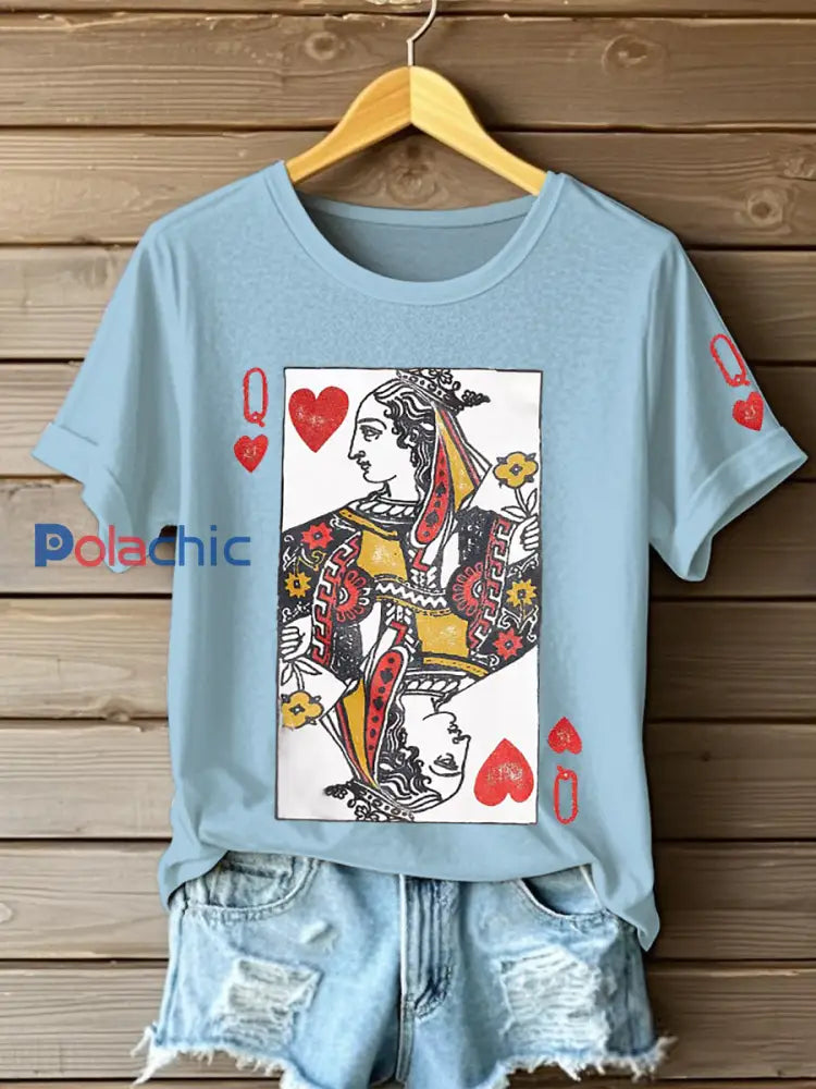 T-shirts Poker Queen of Hearts pour femmes Bleu Ciel / S