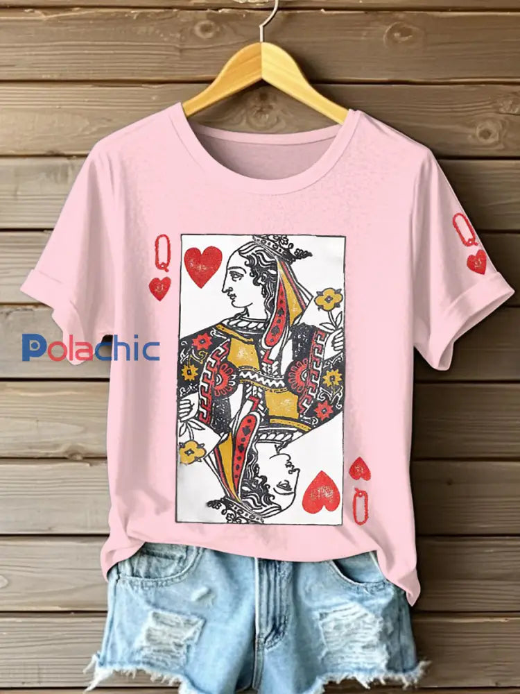 T-shirts Poker Queen of Hearts pour femmes Rose Clair / S
