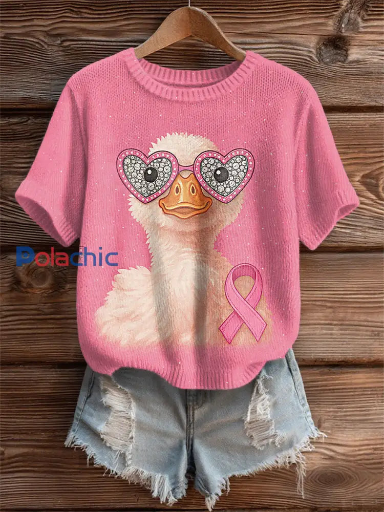 Tee-shirt de soutien de sensibilisation au cancer du sein de canard rose de ruban rose des femmes Rose / S