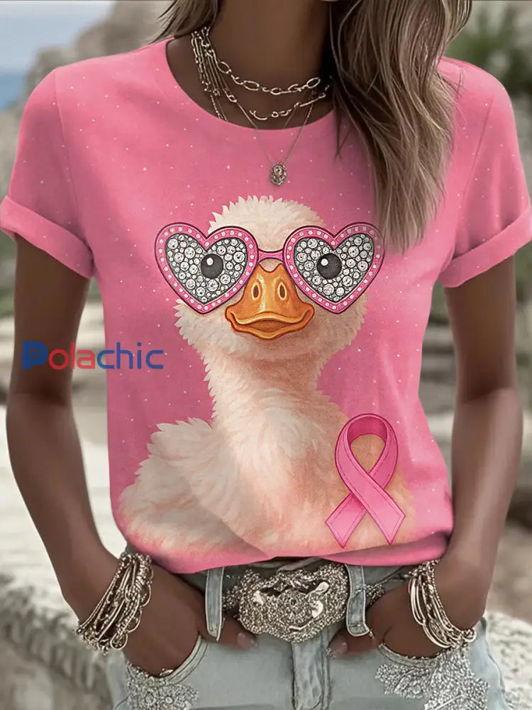 Tee-shirt de soutien de sensibilisation au cancer du sein de canard rose de ruban rose des femmes Rose / S