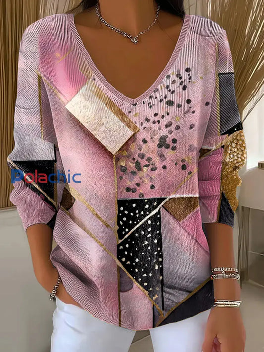 Top à col en V imprimé art rose pour femme Rose / S