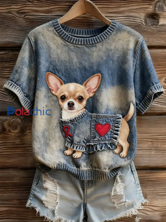 Top à manches courtes en tricot confortable imprimé animal artistique pour femmes A / S