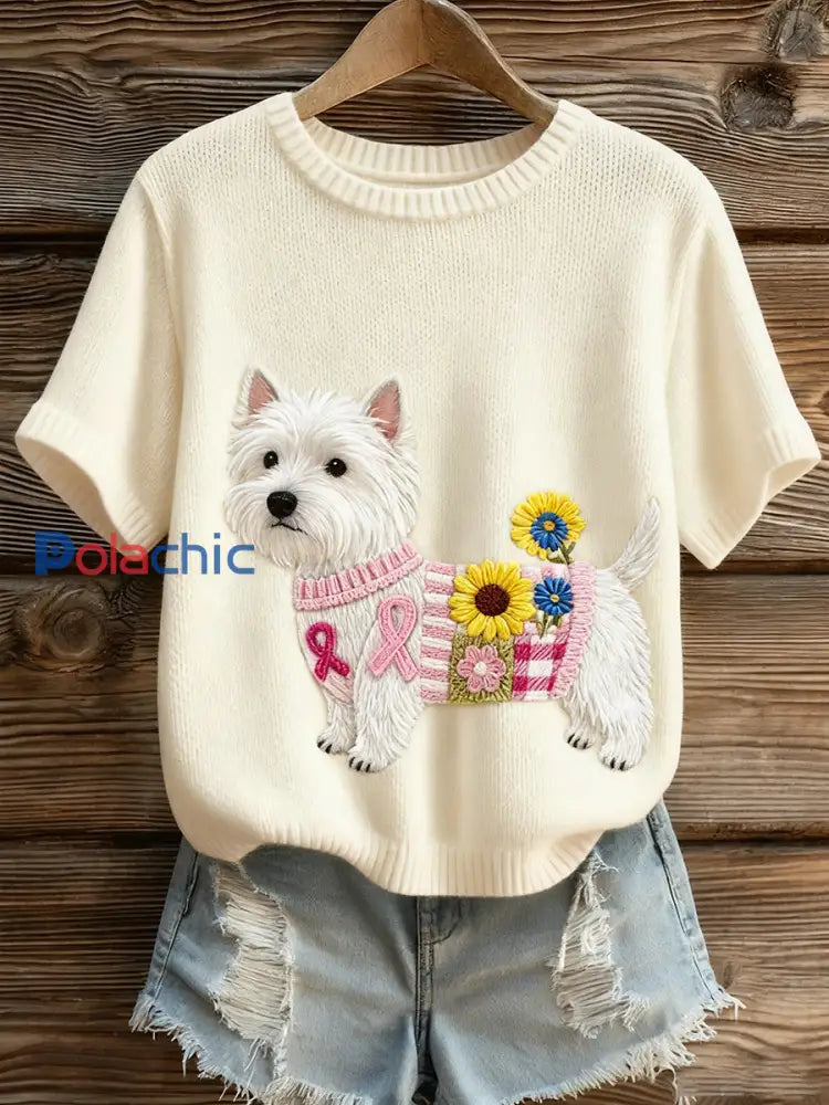 Top à manches courtes en tricot confortable imprimé animal artistique pour femmes A / S