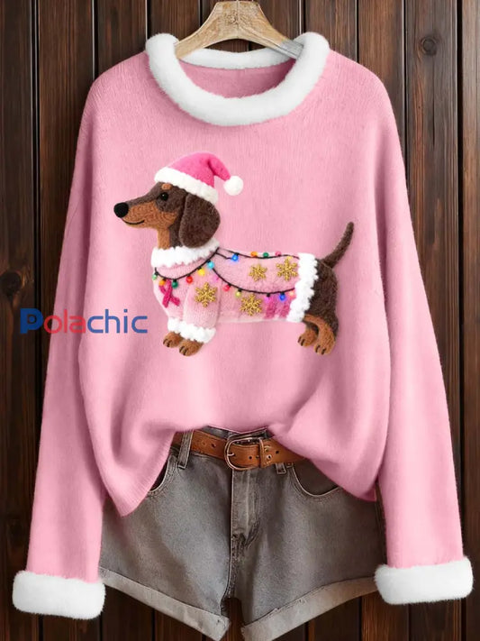 Top confortable de modèle de teckel de Noël d’art de feutre des femmes Rose / S