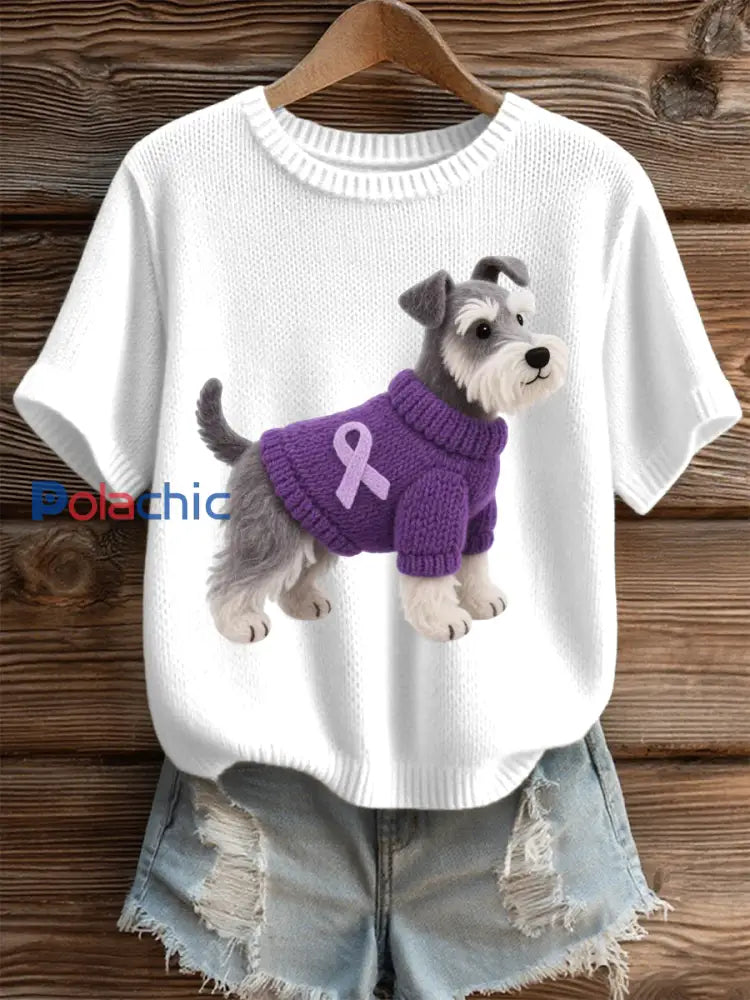 Top confortable en tricot à motif de schnauzer en feutre pour femmes blanc / S
