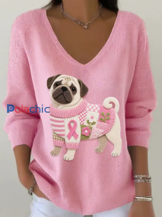 Top côtelé à col en V pour femmes en feutre Art Pug Pattern Rose / S