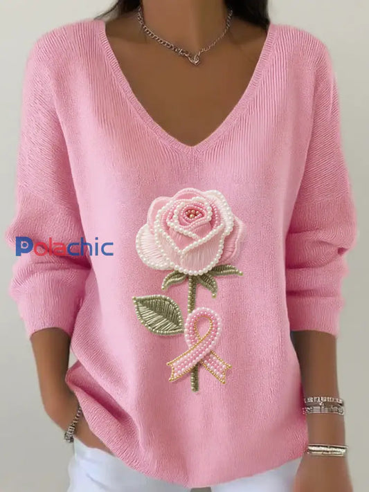 Top Côtelé Femme Rose Rose Brodé De Perles Col V Rose / S