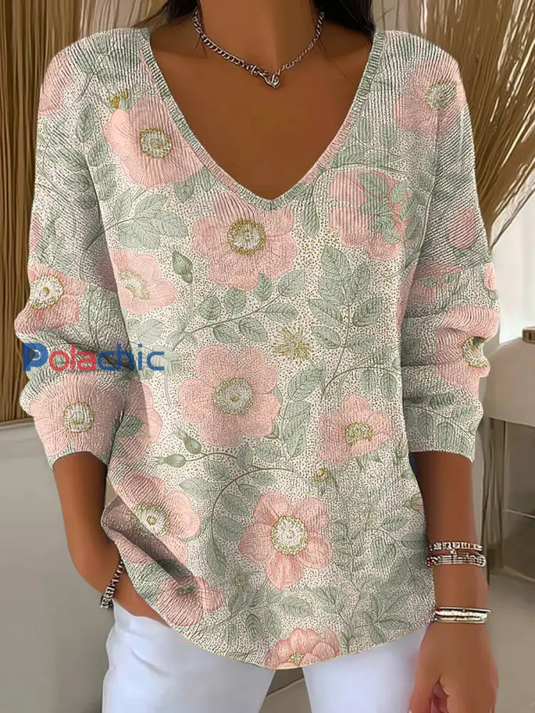 Top Côtelé Femme Rose Imprimé Floral Col V comme image / S