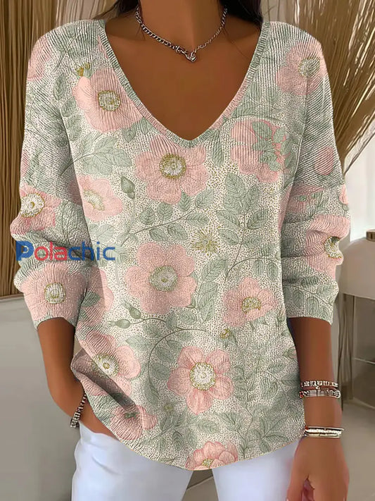 Top Côtelé Femme Rose Imprimé Floral Col V comme image / S