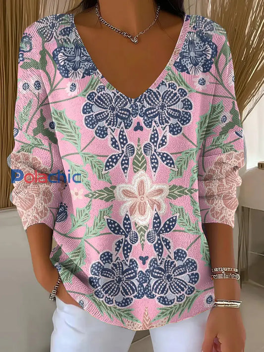 Top Côtelé Femme Rose Imprimé Floral Col V comme image / S