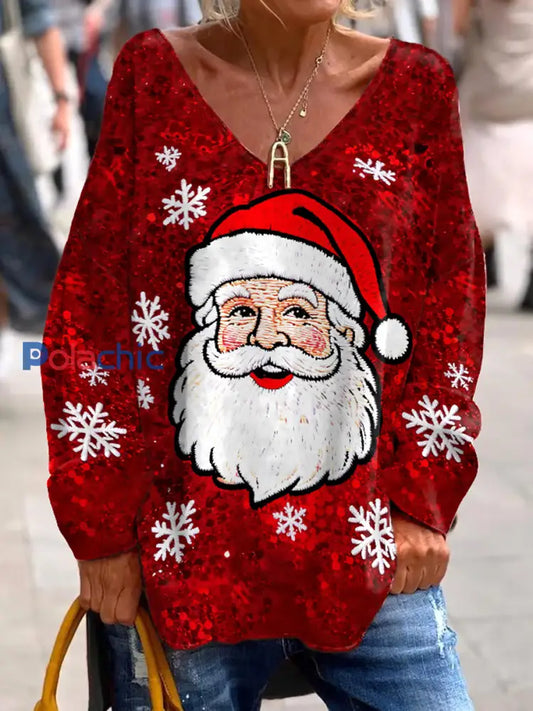 Top décontracté à col en V imprimé de Noël pour femmes Rouge / S