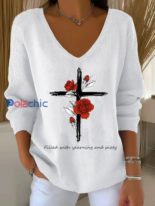 Top décontracté à col en V Vintage Floral Art pour femmes A / S