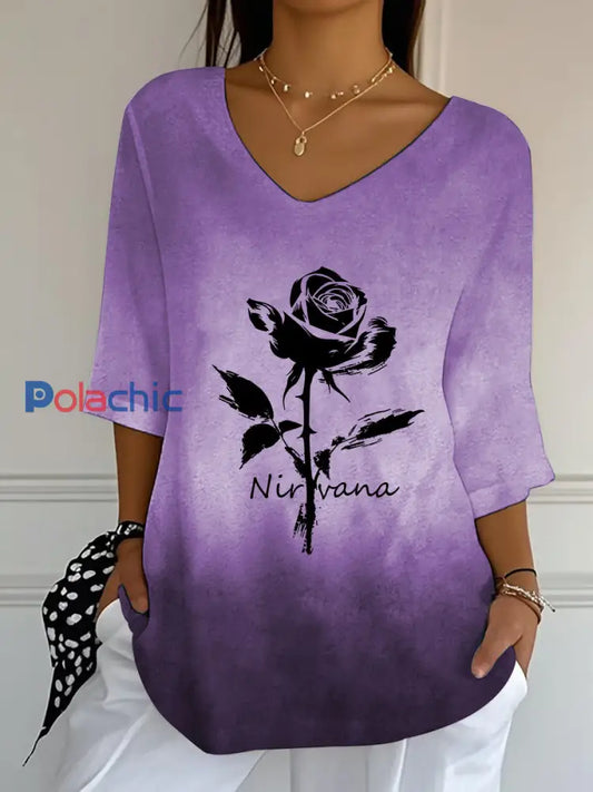 Top décontracté à col en V Vintage Floral Art pour femmes A / S