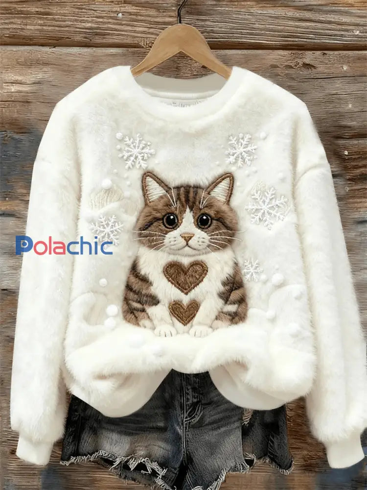 Top décontracté à imprimé chat pour femmes Blanc / S