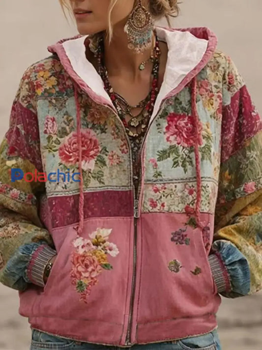 Top Décontracté Femme Rose Imprimé Floral Zippé Rose / S