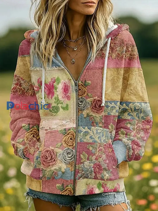 Top Décontracté Femme Rose Imprimé Floral Zippé Rose / S